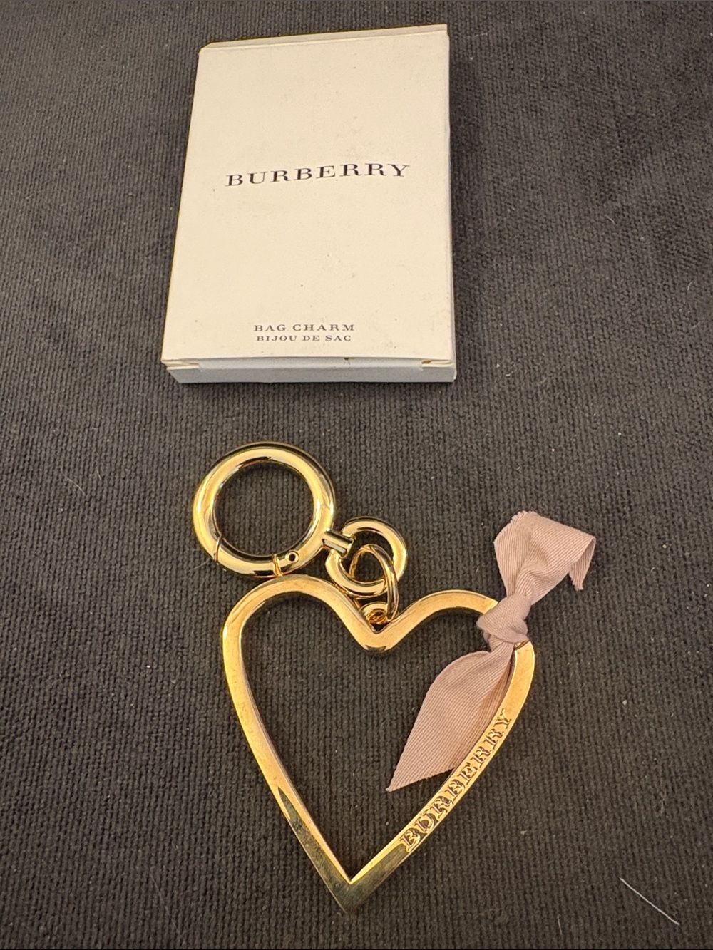 Burberry Gold Heart Keyring with Pink Ribbon Accent
